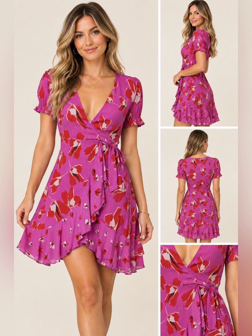 NWT DVF Emilia short sleeve Mini Wrap Dress Pink Red Floral ruffle detail XXS